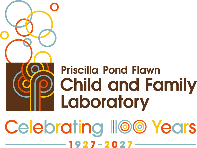 Bubble-invoking imagery and a tree-like symbol accompany the words Priscilla Pond Flawn Child and Family Laboratory Celebrating 100 Years 1927-2027
